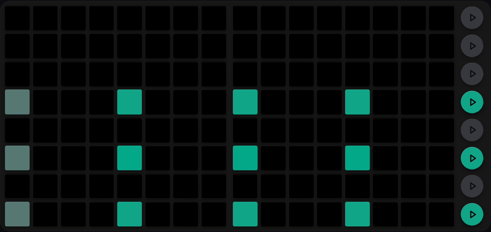 The same chord and grid, with the row buttons now green