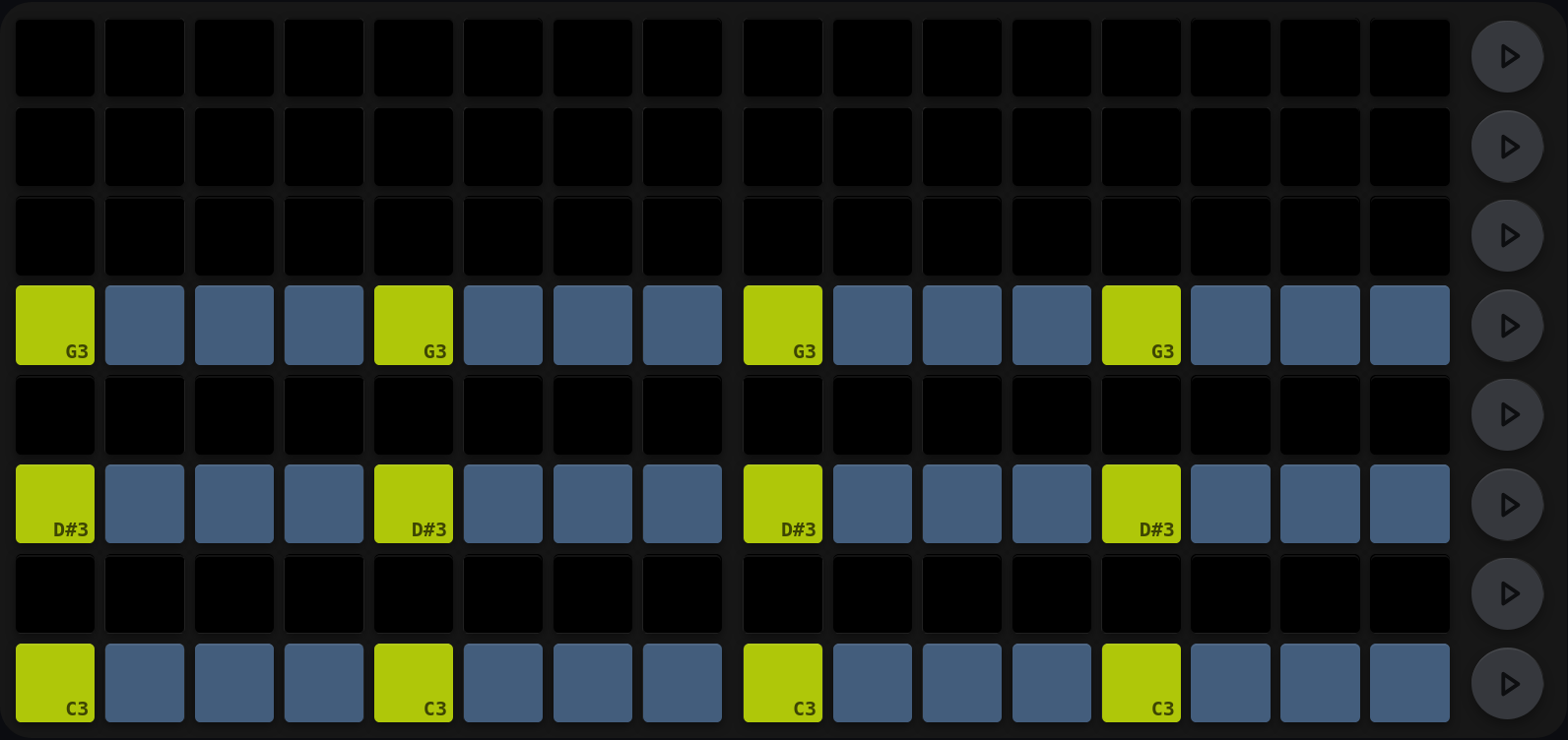 Three rows filled right across all sixteen steps: yellow-green pads at steps 1, 5, 9 and 13, each followed by three slate pads, and every row button on the right unlit