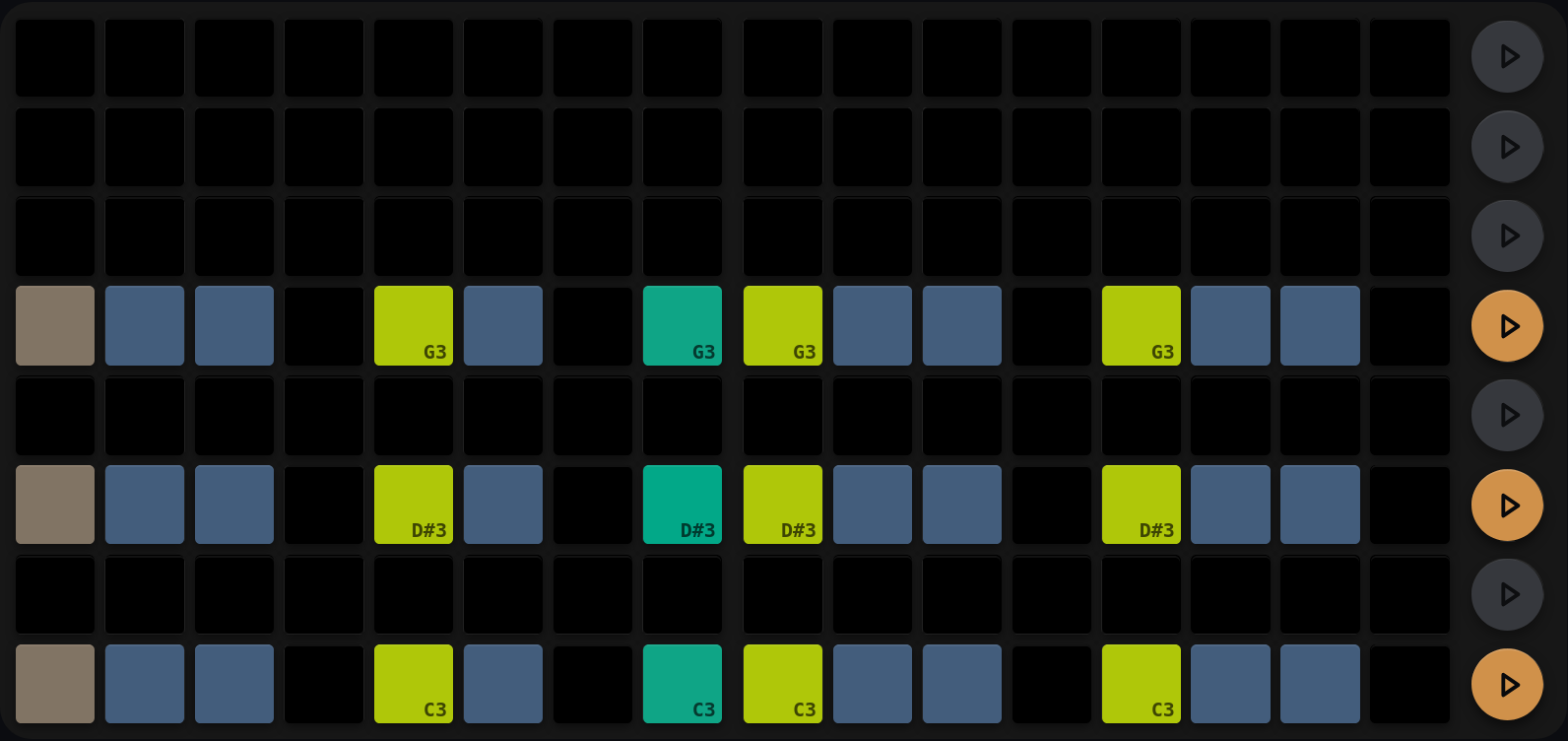 The same three rows, each showing yellow-green pads at steps 1, 5, 9 and 13 with slate trails running behind them, a plain teal trig at step 8, and dark gaps at steps 4, 7, 12 and 16