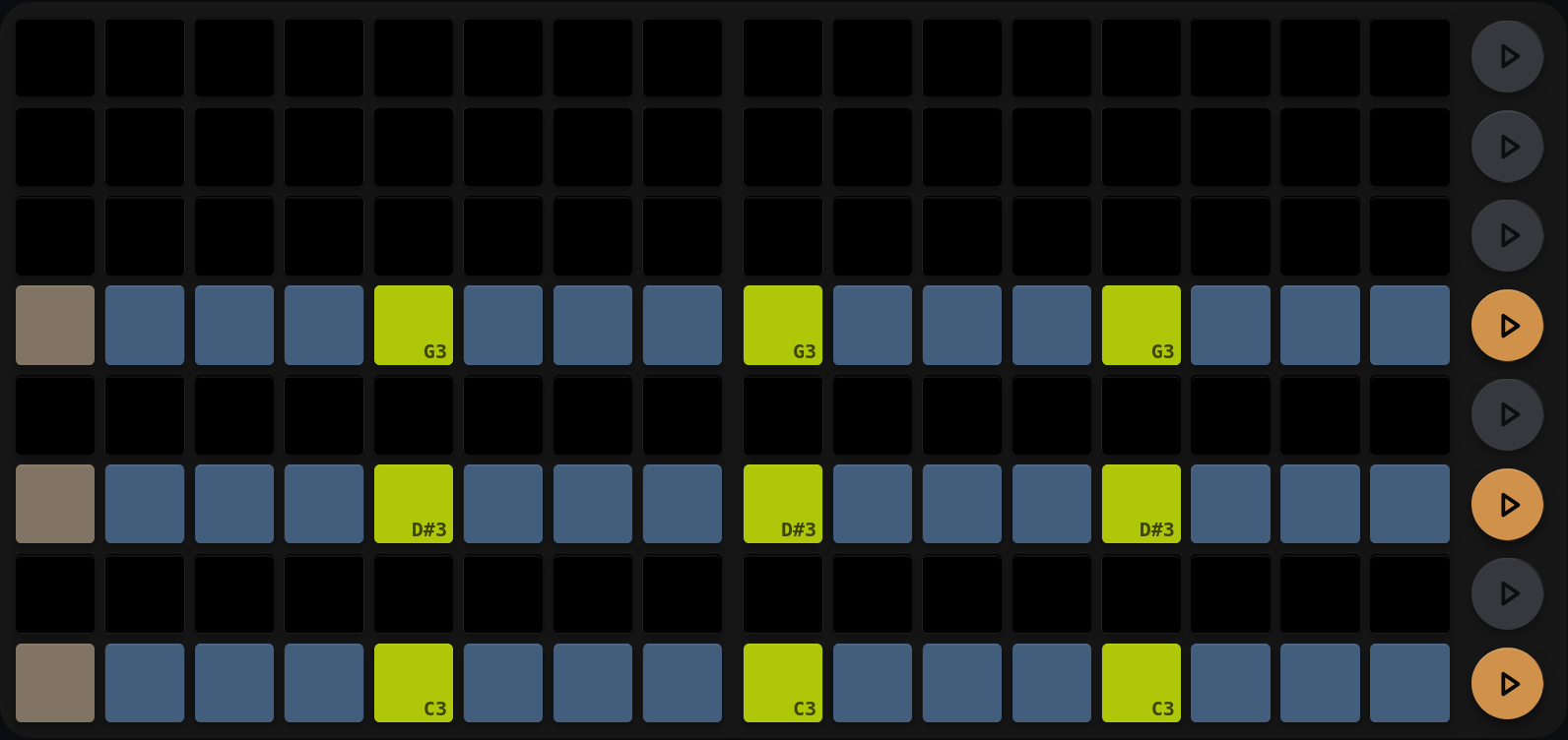 The same filled pattern with the row buttons now orange and the step 1 pads washed out where the playhead sits