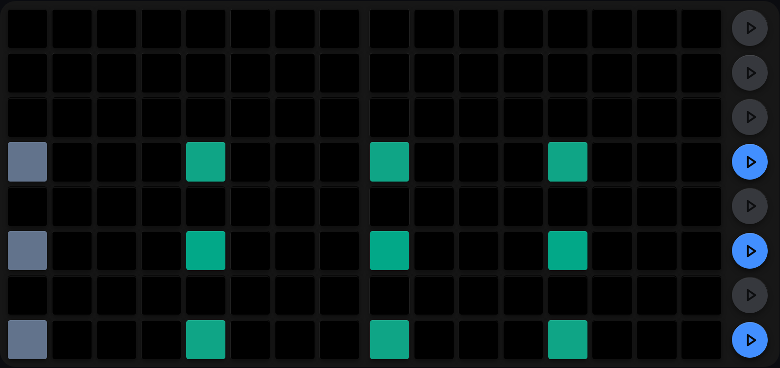 The four-trig chord again with an untouched grid, and the row buttons now blue