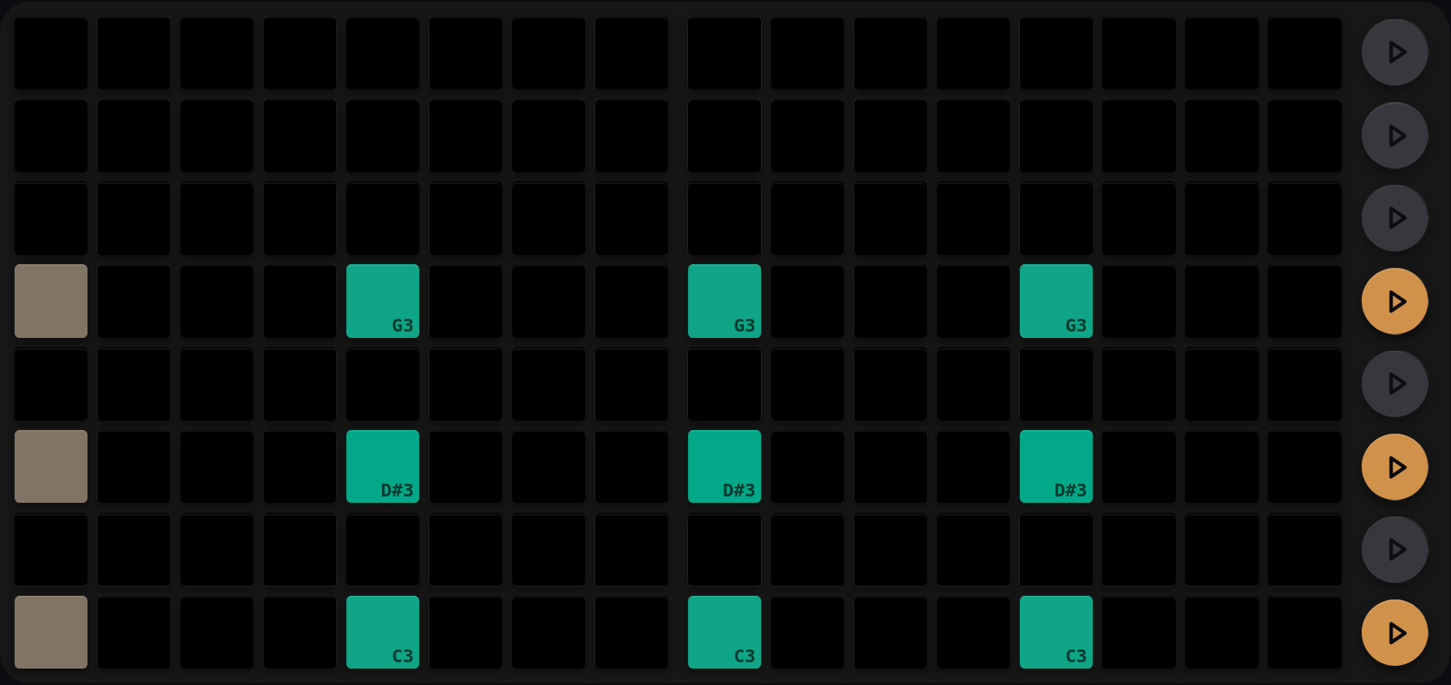 The same three rows of trigs, now with the row buttons lit orange, and the step 1 pads washed out where the playhead sits