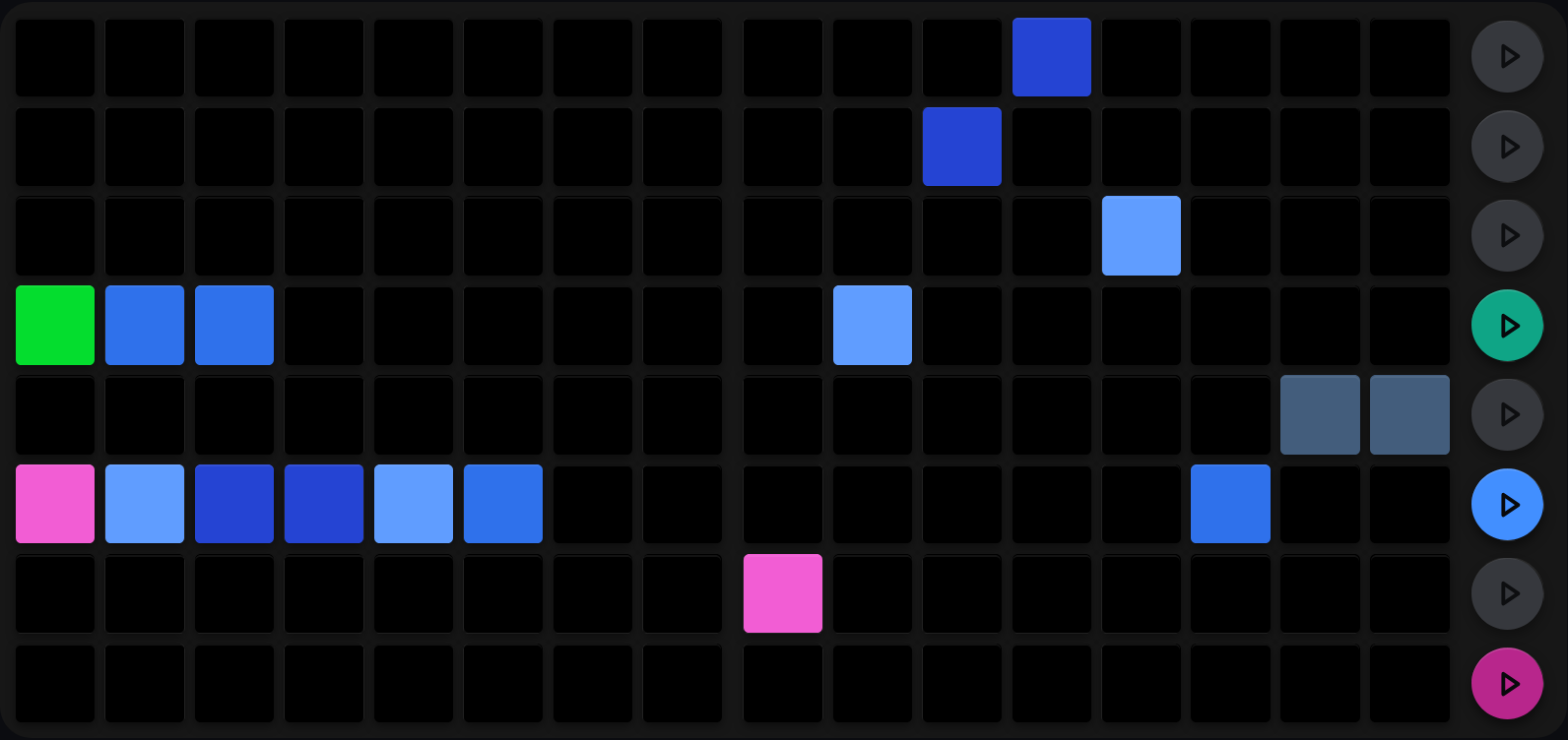 A CC-arp view: on the LP LHS a green row with three lit pads and a pink row with six, in the palette colour at the head of each run and blue value gradations behind; a sky-blue and a lime row carry a single blinking pad in column 1, and the remaining four rows are dark. On the LP RHS, single pads trace the pink row's six values rising to the top and falling again, followed by two slate pads