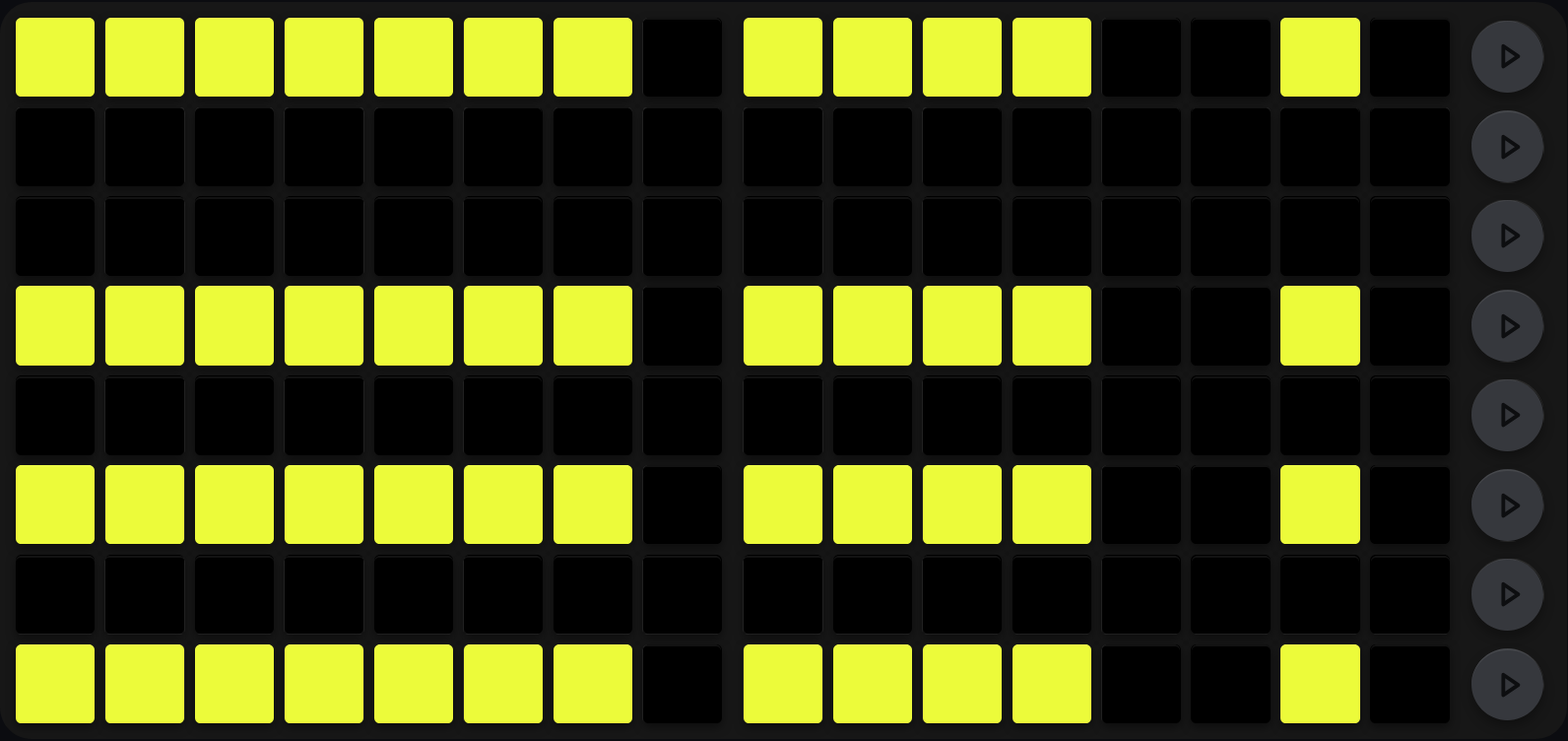 A chord-edit grid where twelve columns each show the same four lit acid-yellow pads, on the top row and the fourth, sixth and eighth rows down, while columns 8, 13, 14 and 16 are entirely unlit