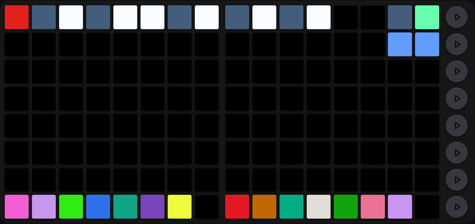 A chord-options grid: the top row is laid out like a piano octave in white and slate with the first pad bright red, the bottom row holds fourteen coloured sequencer pads, the top-right corner is mint green, and the two LPs below the scale selector are blue