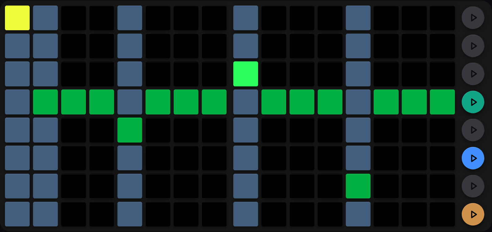 A duty grid with one lit pad per step, sitting at height 4 for most steps, at 7 on step 1, 3 on step 5, 5 on step 9 and 1 on step 13, with full-height slate columns behind steps 1, 2, 5, 9 and 13