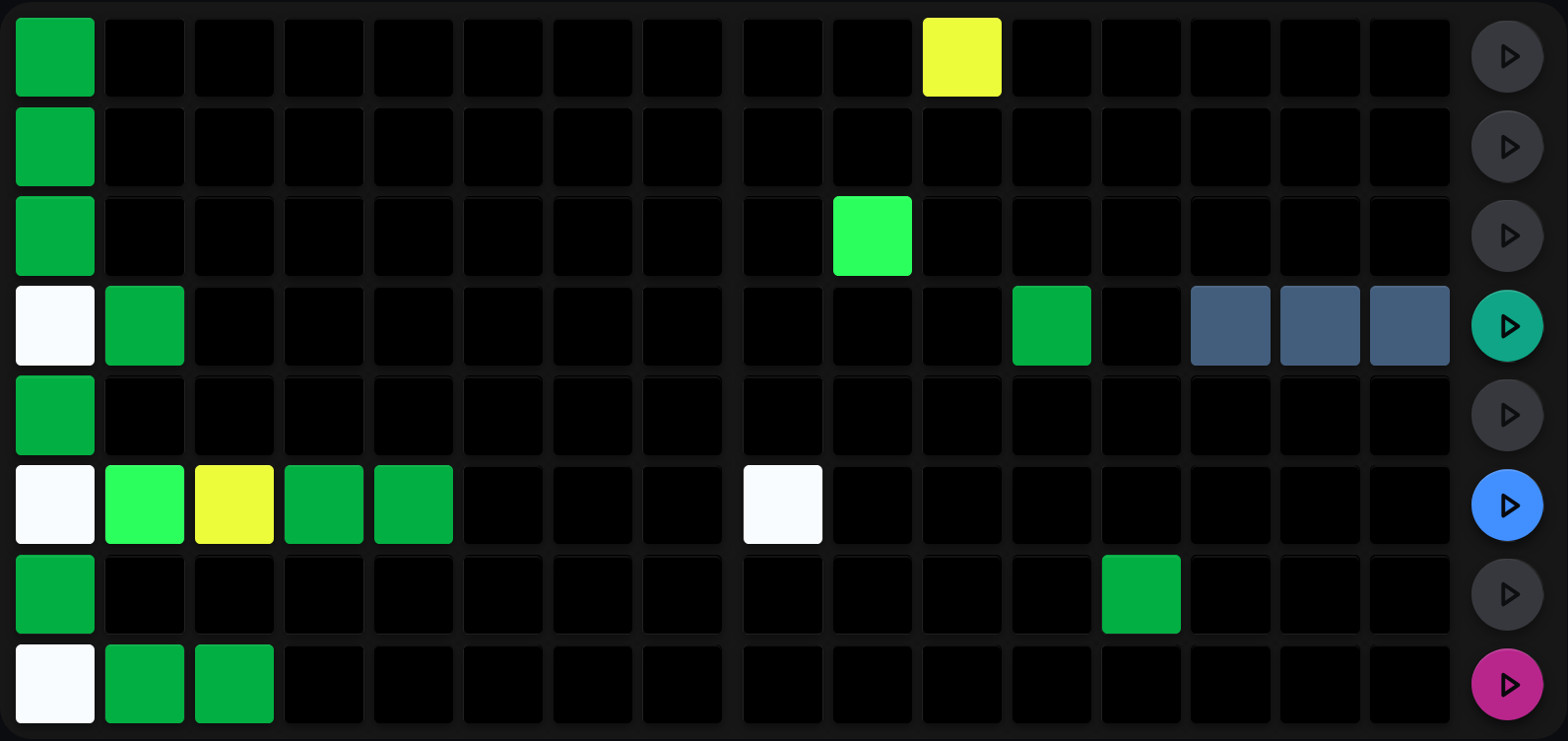A duty-arp view: the LP LHS's first column is lit on every row, with runs of two, five and three lit pads on three of them in white and the green-to-yellow duty palette; the LP RHS shows one lit pad per step at varying heights, the first in white and the last three in slate