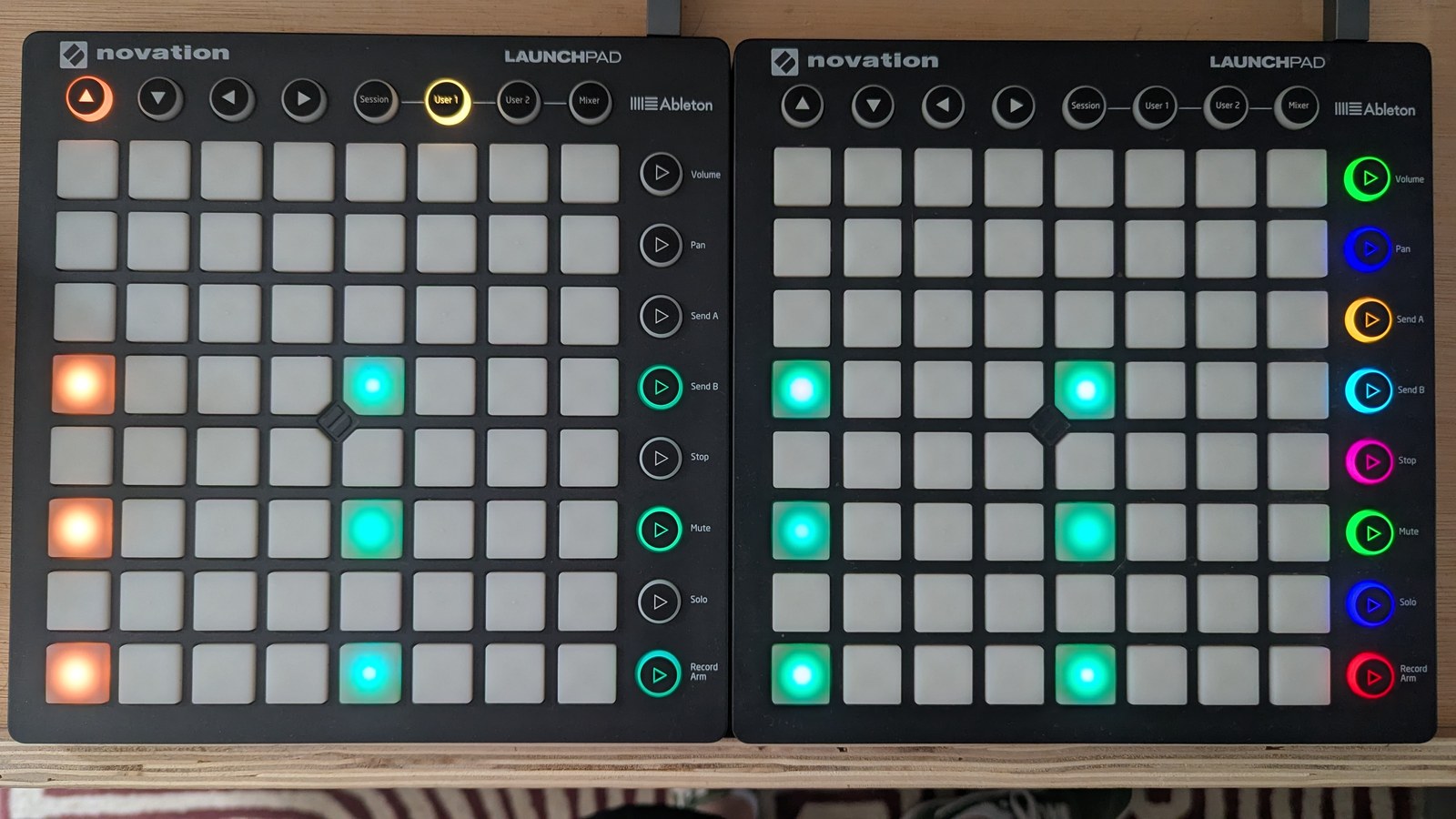The same chord and grid, with the row buttons now green, photographed on the hardware