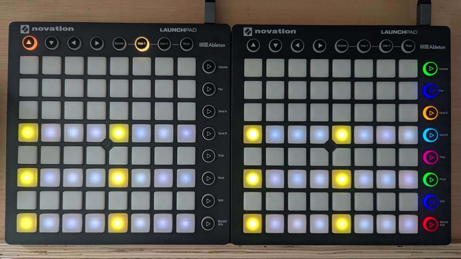 Three rows filled right across all sixteen steps: yellow-green pads at steps 1, 5, 9 and 13, each followed by three slate pads, and every row button on the right unlit, photographed on the hardware