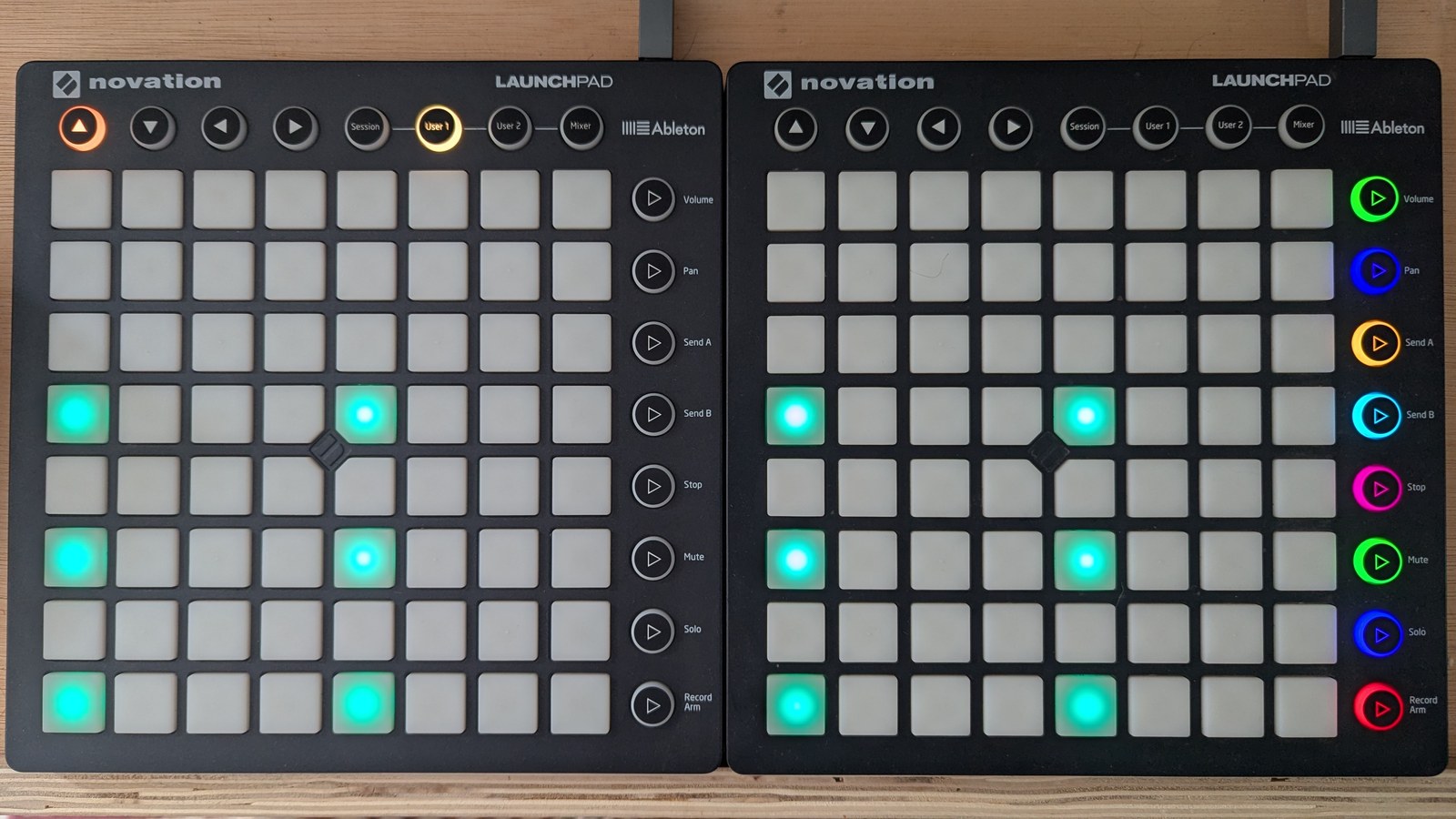 A grid with three rows of four teal trigs each, on steps 1, 5, 9 and 13, and every row button on the right unlit, photographed on the hardware