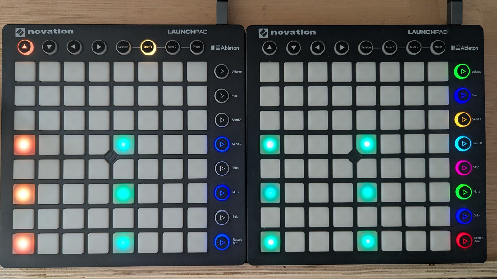 The four-trig chord again with an untouched grid, and the row buttons now blue, photographed on the hardware