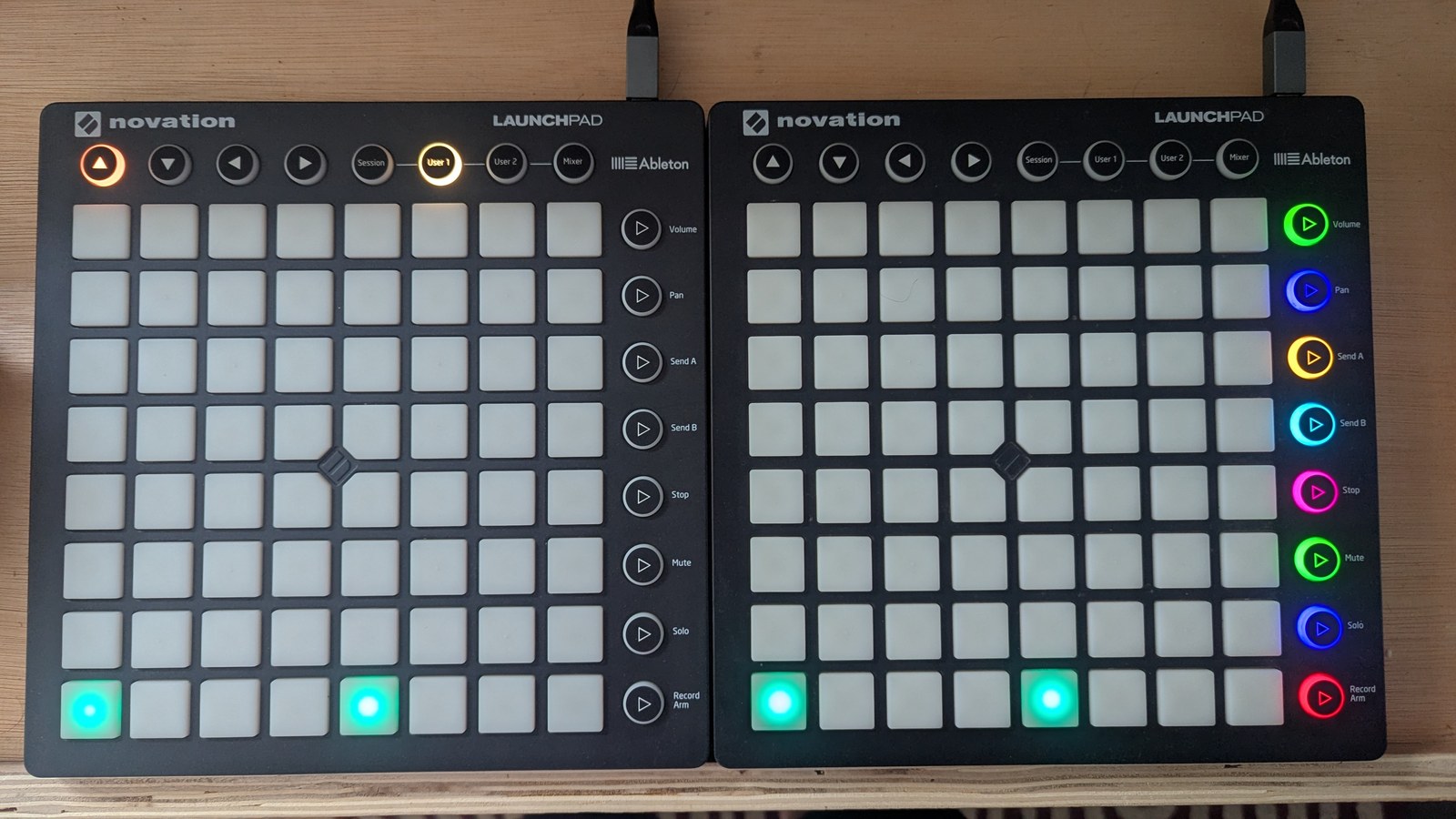 A Launchpad grid with four teal pads on the bottom row, at steps 1, 5, 9 and 13, each labelled C3, photographed on the hardware