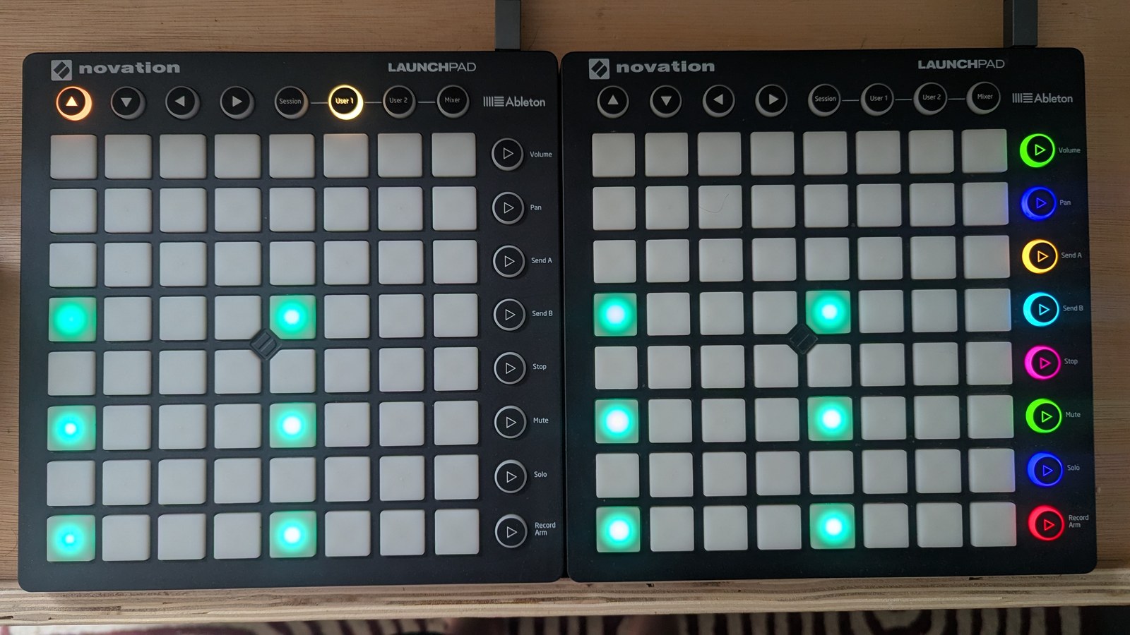 The same four-step rhythm now lit on three rows, labelled C3, D#3 and G3, forming a C minor triad, photographed on the hardware