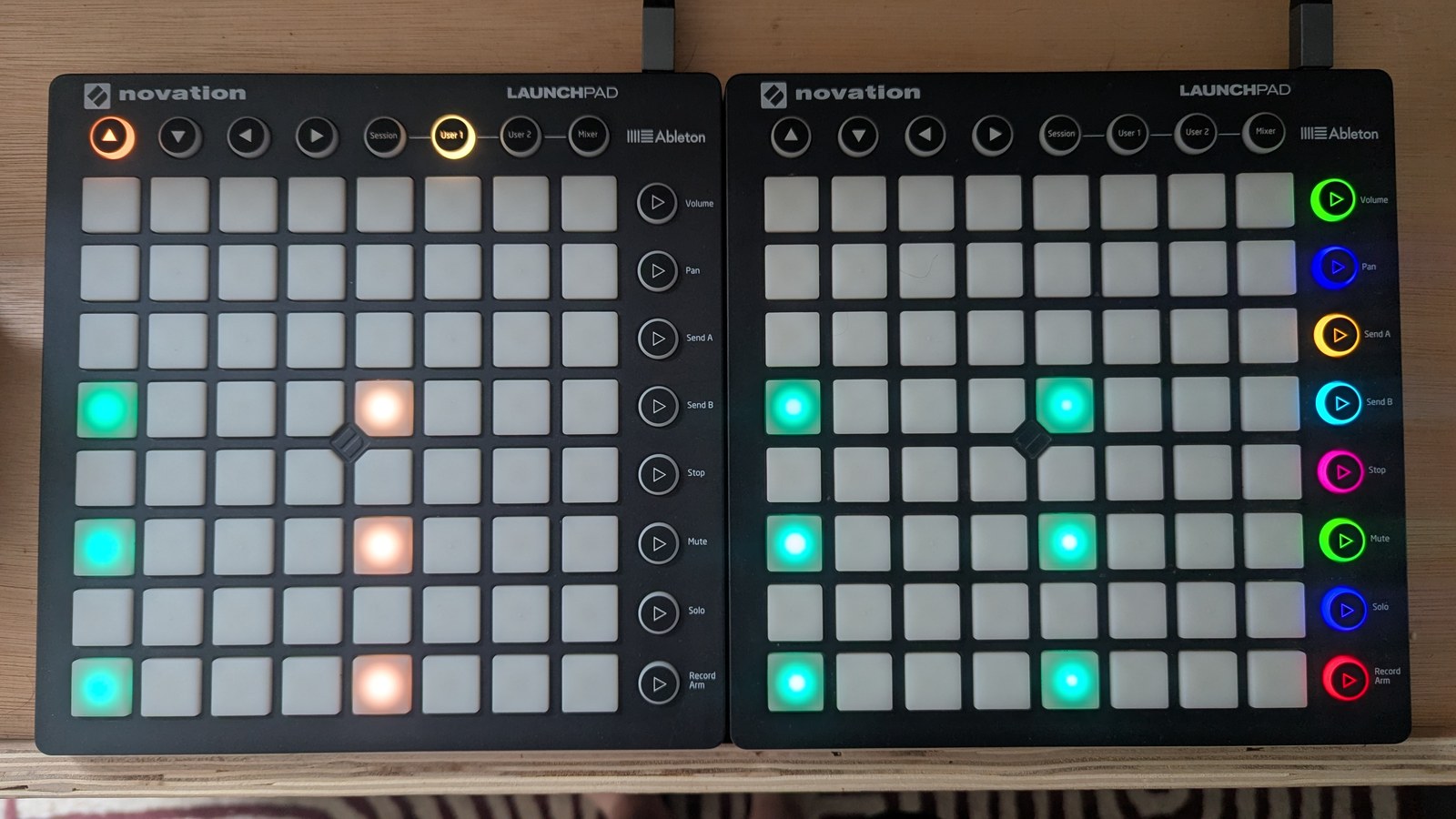 The same chord, with the step 5 pads changed from teal to tan on all three rows, photographed on the hardware