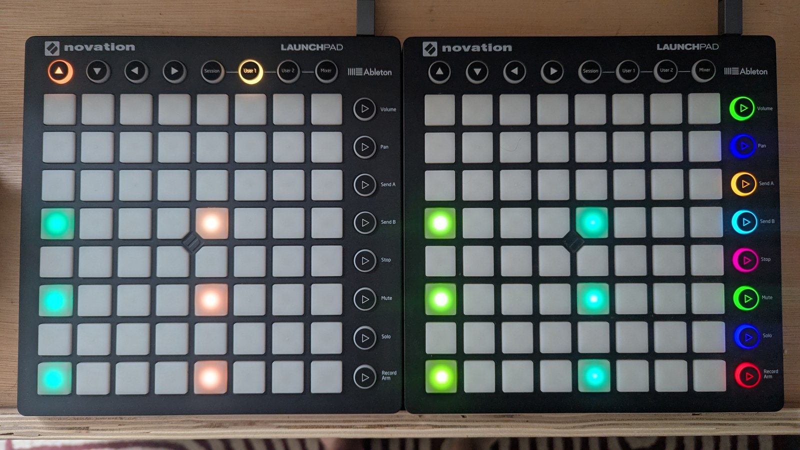 The same chord, with the step 9 pads now green, indicating percentage-chance trigs, photographed on the hardware