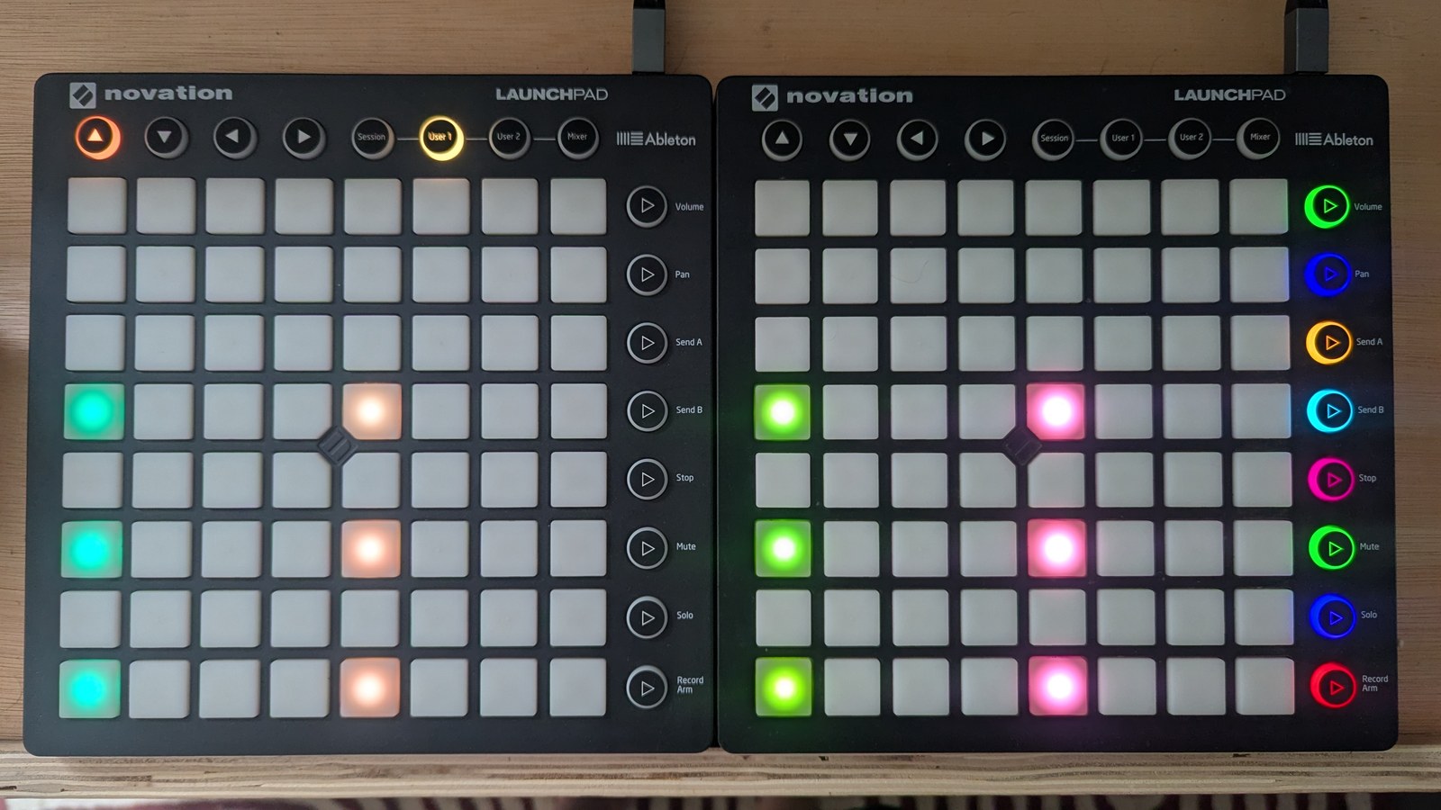 The same chord, with the step 13 pads now pale pink, indicating a MOD1 conditional trig, photographed on the hardware
