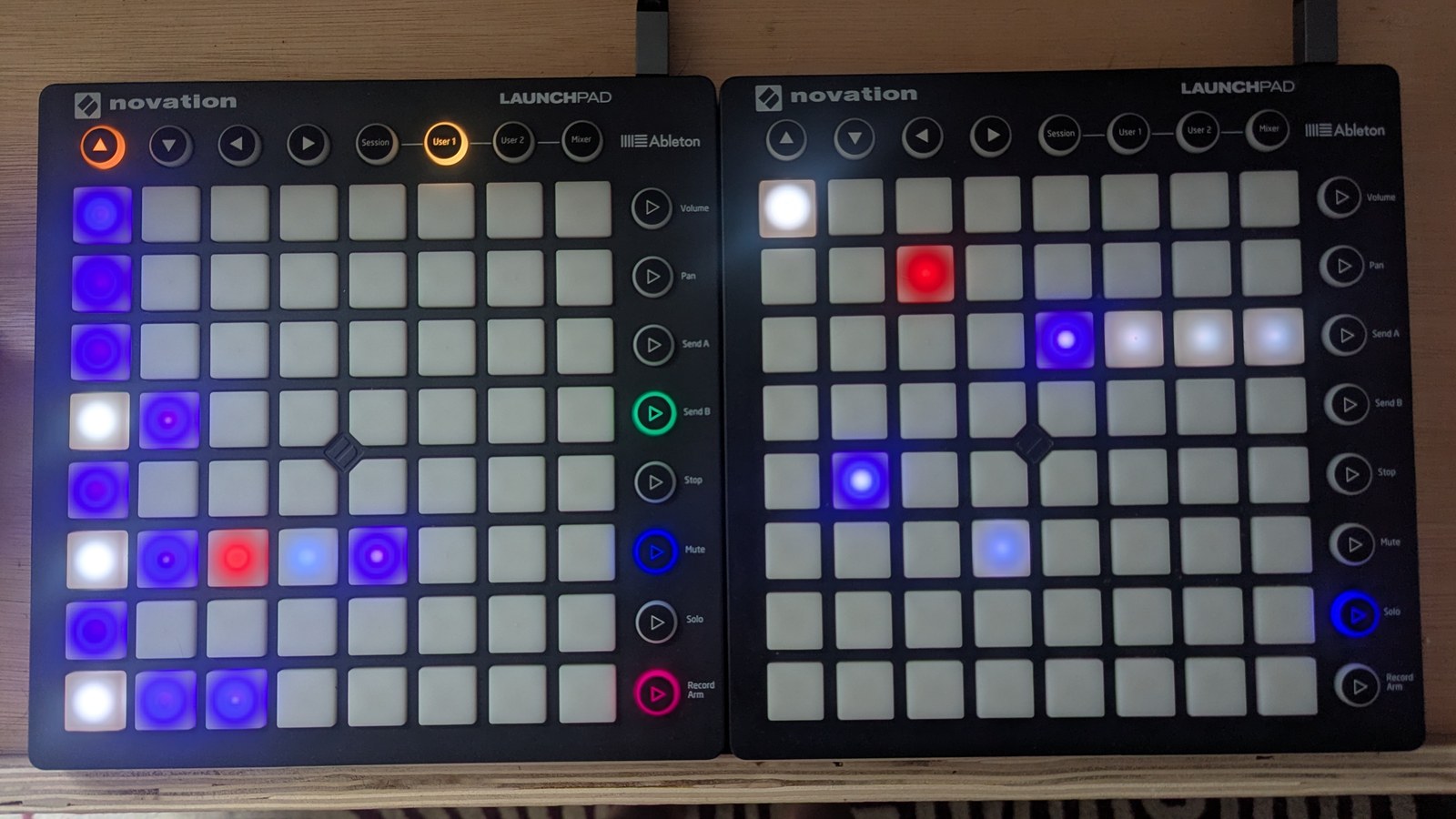 A velo-arp view: the LP LHS's first column is lit on every row, with runs of two, five and three lit pads on three of them in white and the blue-to-red velocity palette; the LP RHS shows one lit pad per step, the first in white and the last three in slate, photographed on the hardware