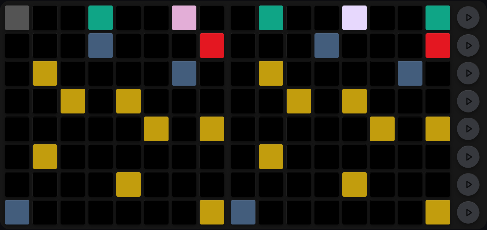 A locked jam keyboard: the same eight mustard held-note pads form a rising shape on both Launchpads, three slate octave markers remain visible on each LP, the row-7 freeze pads are red, and the top row carries a six-cell coloured gate pattern