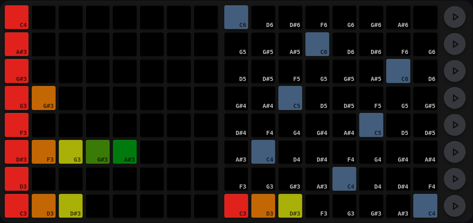 A note-arp view: the LP LHS's first column is red on every row, with runs of two, five and three coloured pads on three of them; the LP RHS shows eight visible slate-grey keyboard anchors and three adjacent pitches lit red, orange and mustard along the bottom