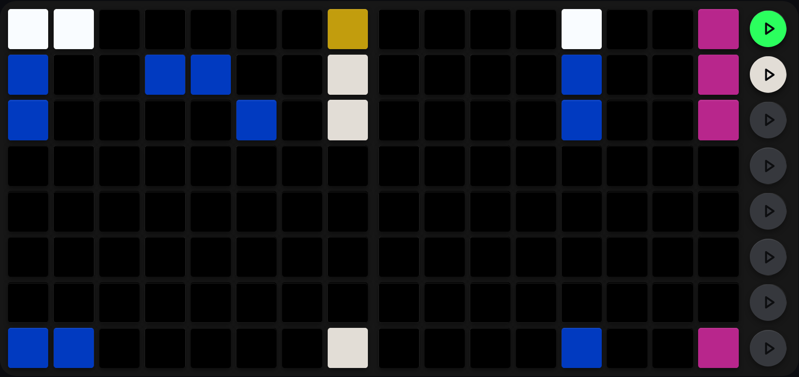 The session IO view: a top row with three bright white pads, a mustard pad in column 8 and a magenta pad at the far right, and three rows below it each showing a handful of deep blue pads with a warm white pad in column 8 and a magenta pad at the far right