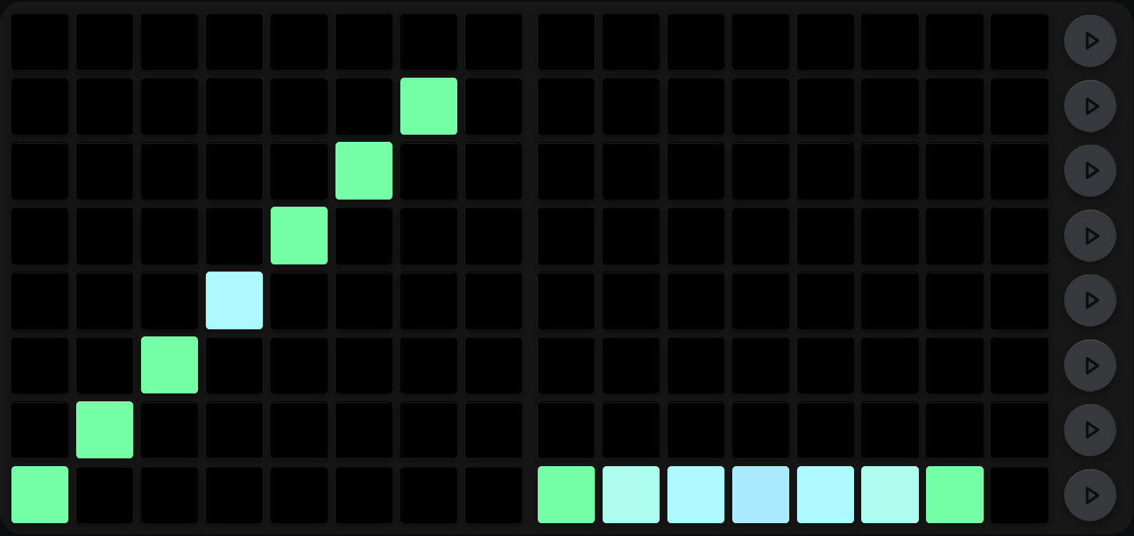 A swing grid: on the LP LHS a staircase of single lit pads climbing one row per column from the bottom left, spring green except column 4 which is pale cyan; on the LP RHS seven pads all sitting on the bottom row, coloured spring green, pale mint, pale cyan, pale blue, pale cyan, pale mint and spring green; columns 8 and 16 are unlit
