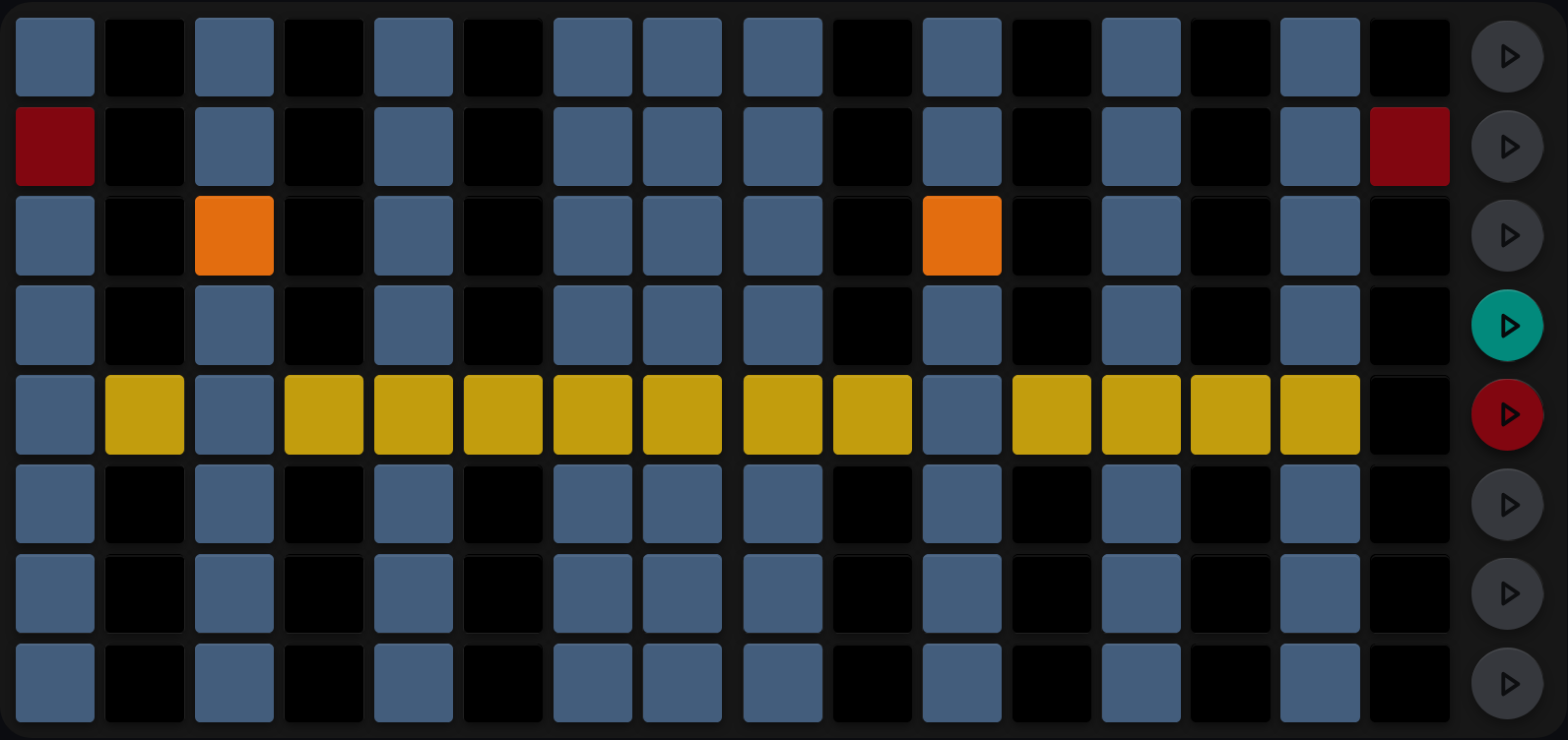 A TR-8 accent grid: most steps show a mustard pad at height 3, steps 3 and 11 sit higher in orange, steps 1 and 16 higher again in dark red, and nine of the sixteen columns are shaded slate behind the contour