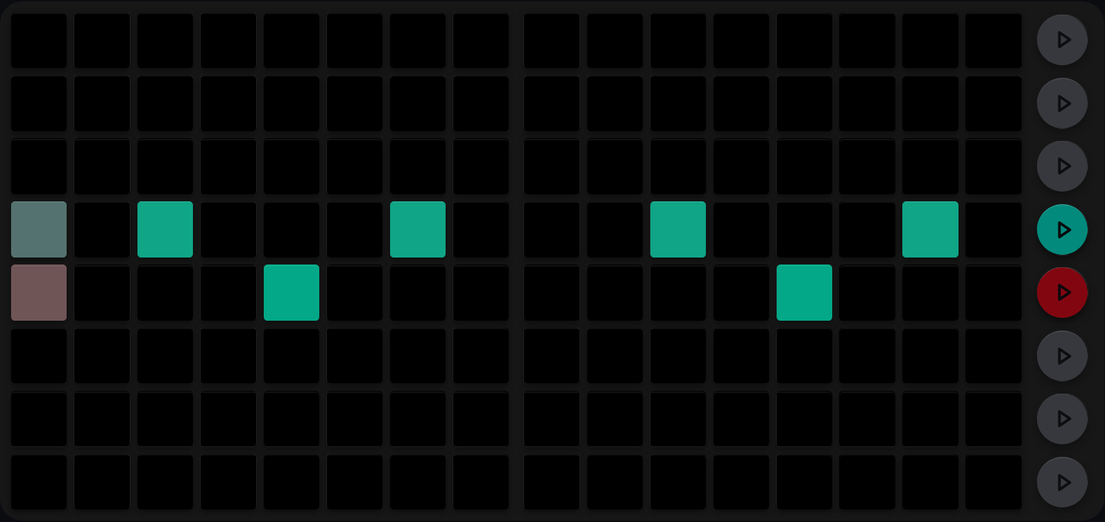 The TR-8 alternate view: four evenly spaced trigs on the closed-hat row and two on the clap row below it, with the row buttons coloured green for the hats and red for the claps