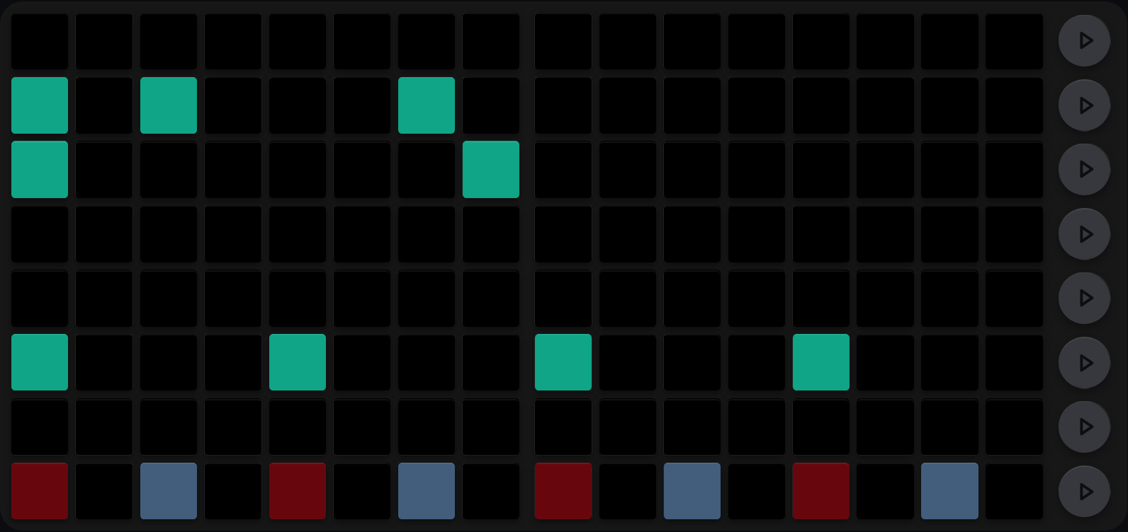 The TR-8 main view: a kick row has teal trigs on all four beats, two tom rows above carry five more teal trigs, all row buttons are dark because the rows are muted, and the bottom control row alternates dark red beat pads with slate off-eighth pads