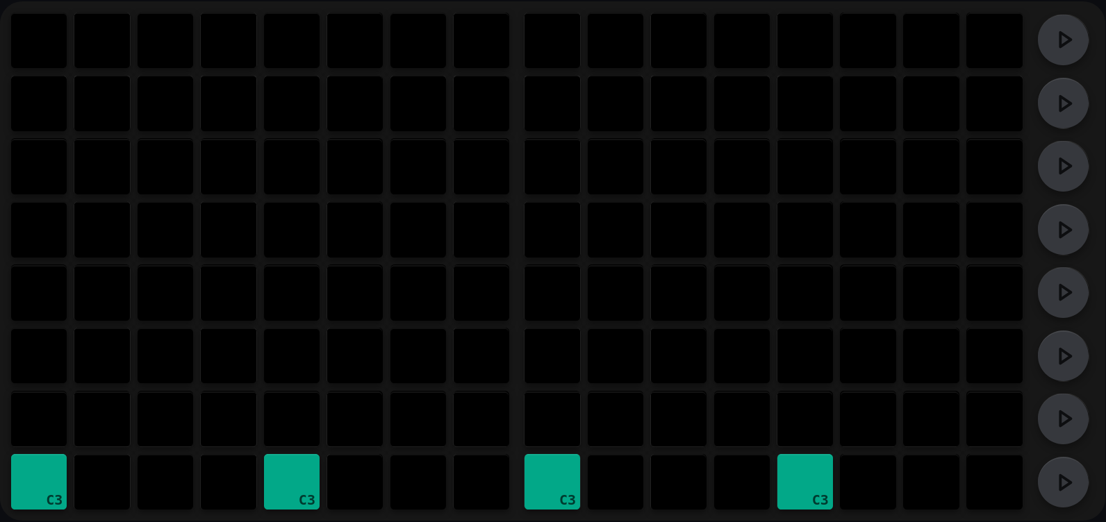 A Launchpad grid with four teal pads on the bottom row, at steps 1, 5, 9 and 13, each labelled C3