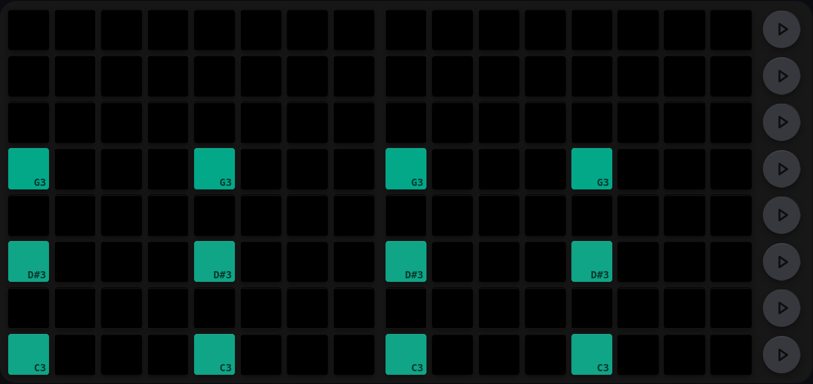 The same four-step rhythm now lit on three rows, labelled C3, D#3 and G3, forming a C minor triad