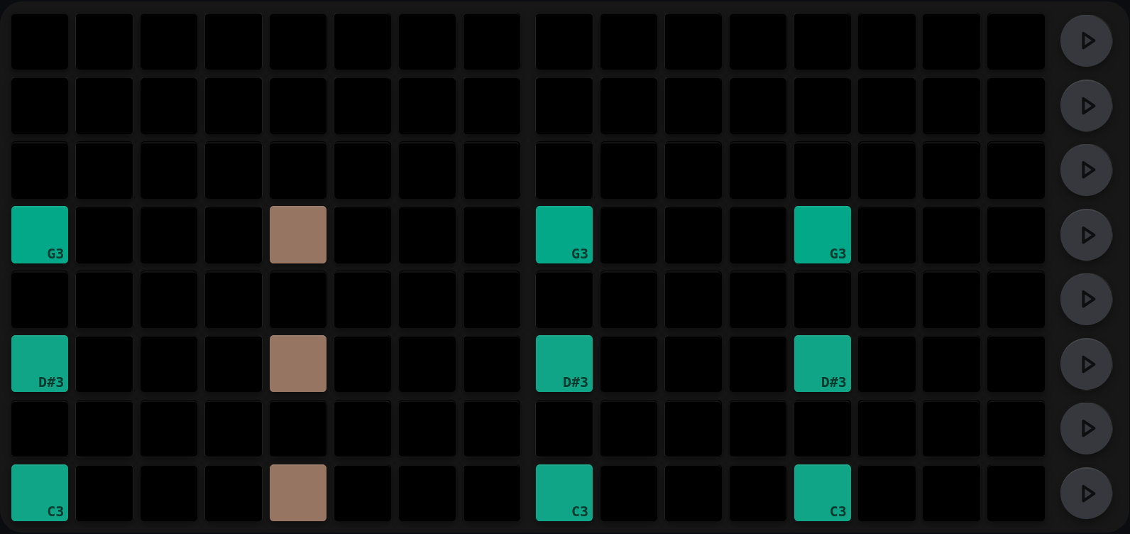The same chord, with the step 5 pads changed from teal to tan on all three rows