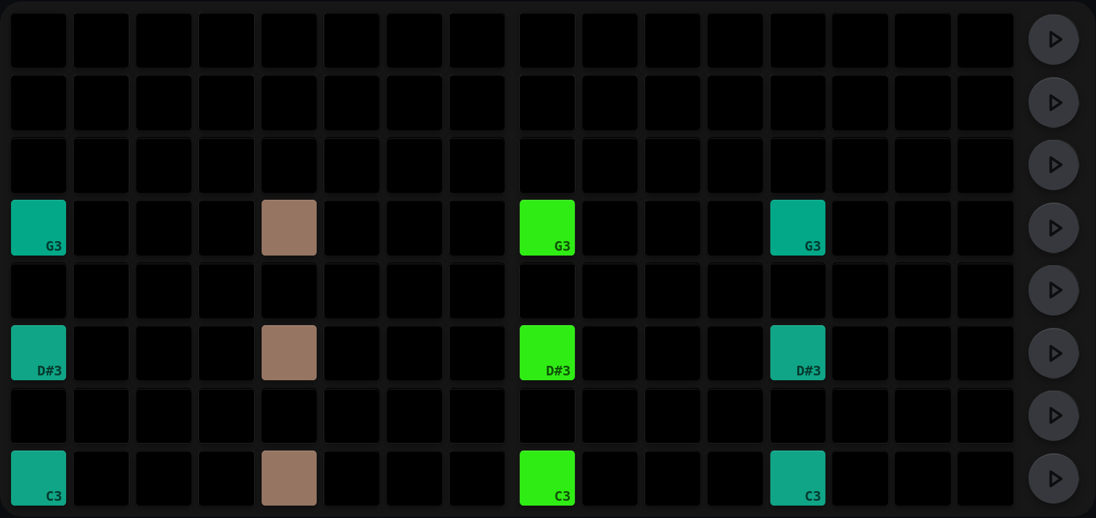 The same chord, with the step 9 pads now green, indicating percentage-chance trigs