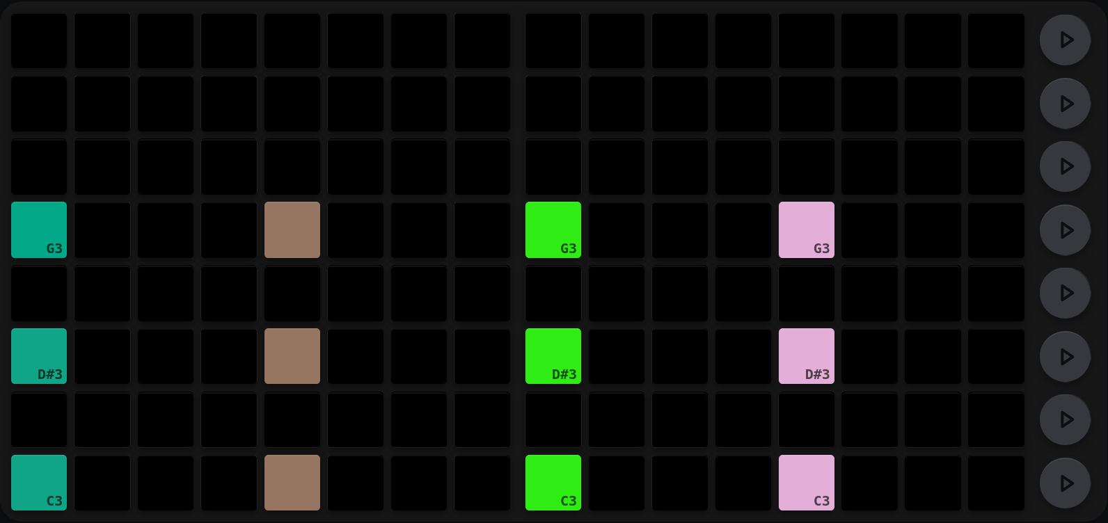 The same chord, with the step 13 pads now pale pink, indicating a MOD1 conditional trig
