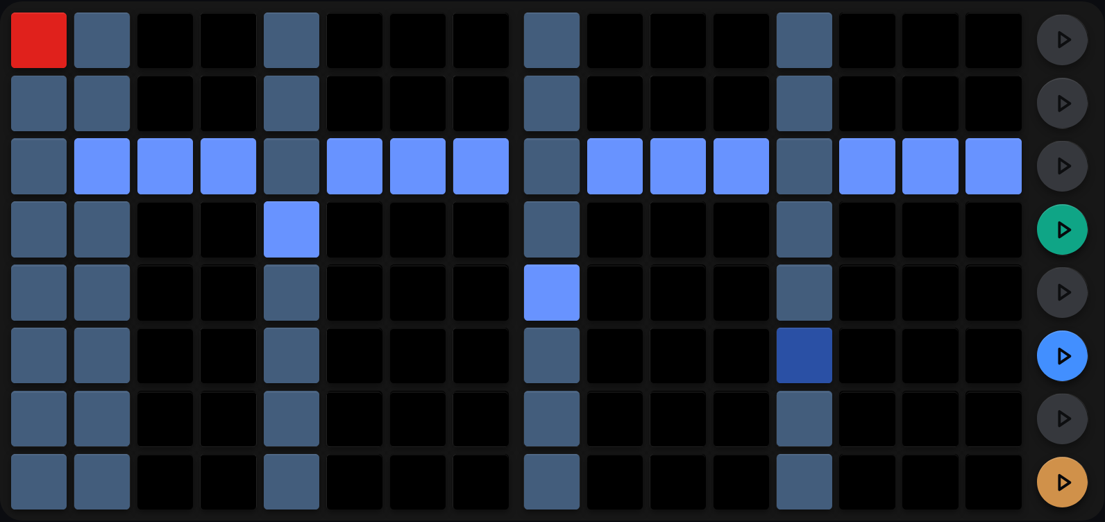 A velocity grid with one lit pad per step, mostly at height 5, red at height 7 on step 1, periwinkle pads stepping down to 4 on step 5 and 3 on step 9, and a deep blue pad at height 2 on step 13