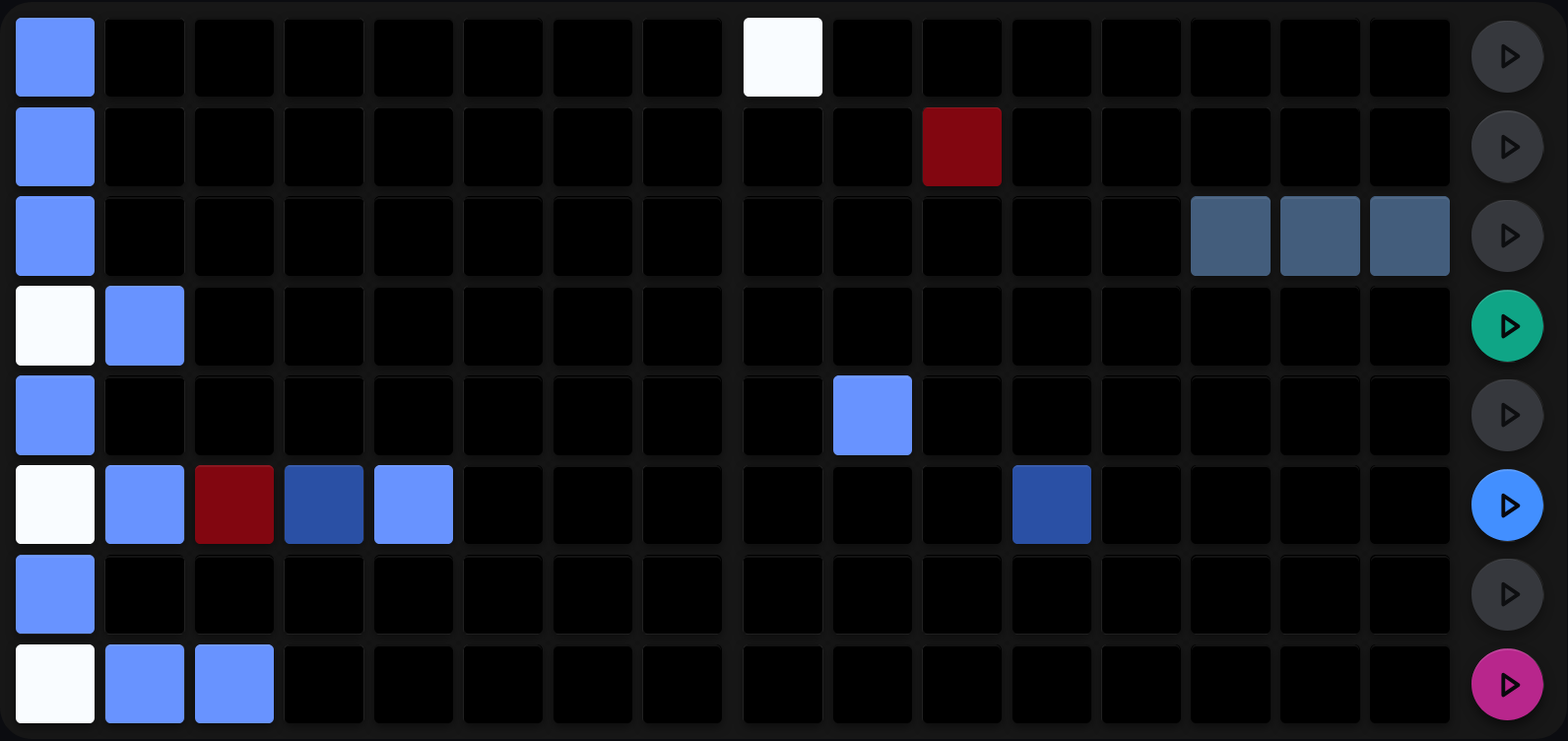 A velo-arp view: the LP LHS's first column is lit on every row, with runs of two, five and three lit pads on three of them in white and the blue-to-red velocity palette; the LP RHS shows one lit pad per step, the first in white and the last three in slate
