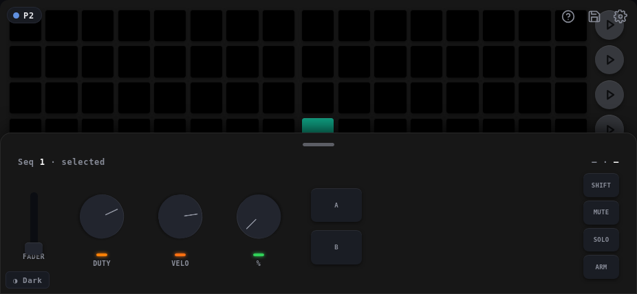 The browser control surface on a phone held on its side: the grid fills the screen with the round buttons down its right edge, and a drawer covers the lower half with the heading Seq 1 selected, one fader, three knobs labelled DUTY, VELO and percent, two buttons labelled A and B, and a column of SHIFT, MUTE, SOLO and ARM buttons