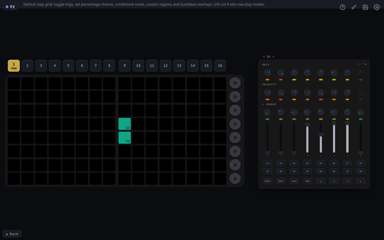 The browser control surface on a laptop-sized screen: a one-line hint strip across the top with the player badge P2 on its left and four round icons on its right, a row of sixteen numbered sequencer tabs with tab 1 highlighted and labelled TRIG, an 8 by 16 grid of dark pads with two teal-green trigs labelled G3 and F3, a column of eight round play buttons to the right of the grid, and a panel of knobs, faders and buttons laid out like a LaunchControl XL on the far right