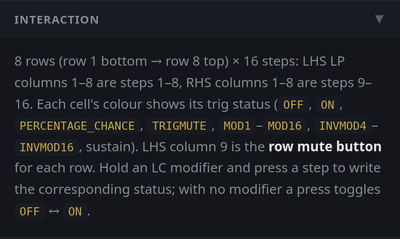 The Interaction section open on the trig view's card: a paragraph describing the grid's rows and steps, the trig status colours, the row mute buttons in column 9, and how a modifier changes a press