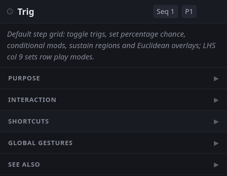 The reference card on a phone for the trig view: a heading reading Trig with Seq 1 and P1 chips, a one-line summary of the view, and closed Purpose, Interaction, Shortcuts, Global gestures and See also sections