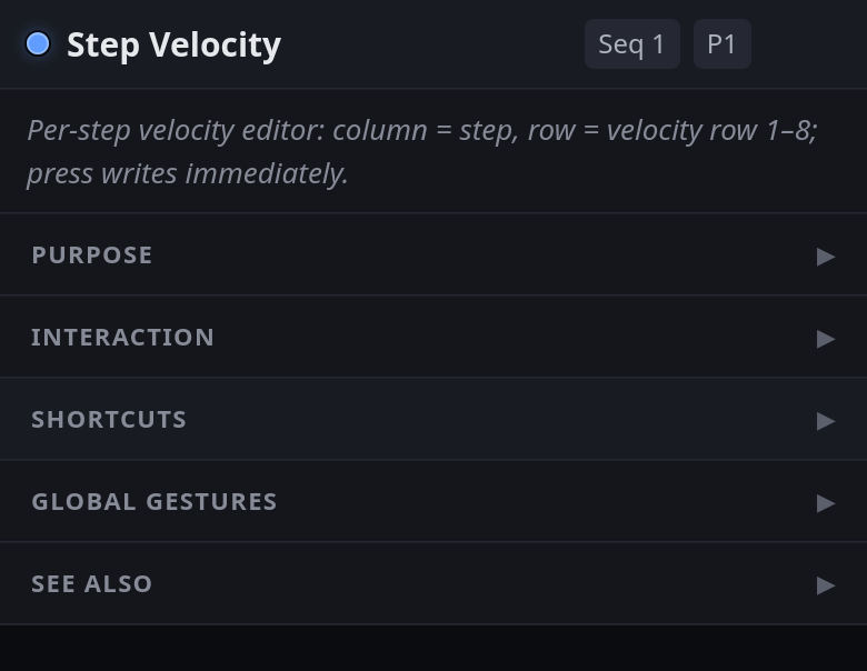 The same card after the player has moved to the step velocity view: the heading now reads Step Velocity, with a blue dot, and the summary describes the per-step velocity editor