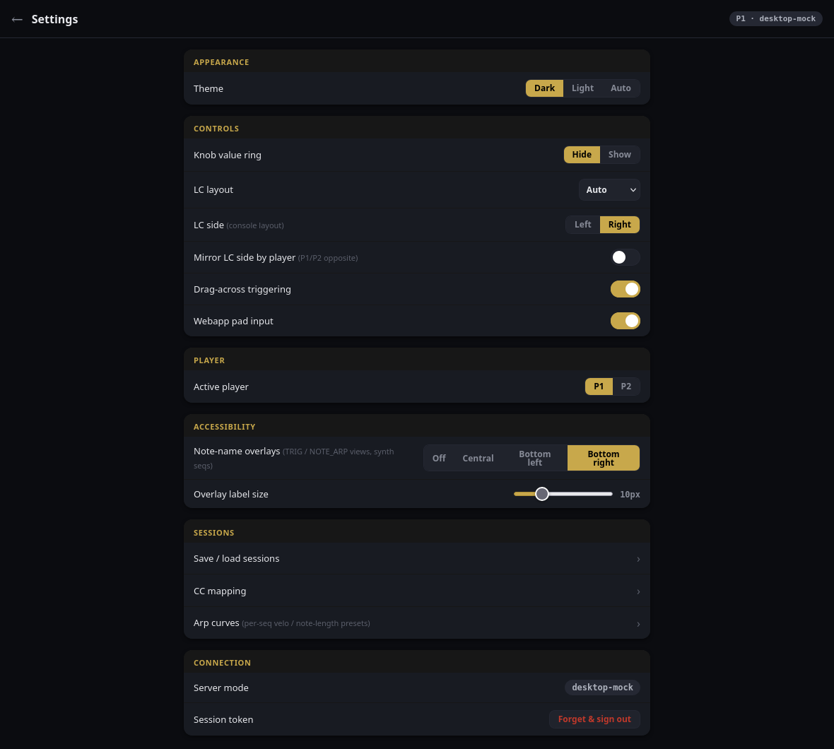 The Settings page: groups headed Appearance, Controls, Player, Accessibility, Sessions and Connection, with rows for Theme, Knob value ring, LC layout, LC side, Mirror LC side by player, Drag-across triggering, Webapp pad input, Active player, Note-name overlays, Overlay label size, Save / load sessions, CC mapping, Arp curves, Server mode and Session token